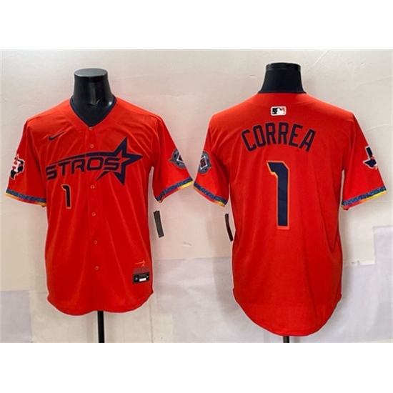 Men's Houston Astros #1 Carlos Correa Orange 2025 City Connect With Texas Limited Stitched Baseball Jersey - Ujersey