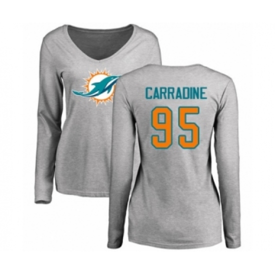 Football Women's Miami Dolphins #95 Tank Carradine Ash Name & Number Logo Long Sleeve T-Shirt - Ujersey