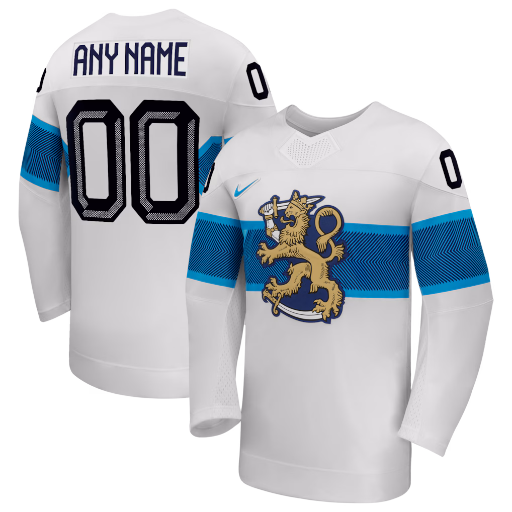 Men's Finland Hockey Nike White 2026 Away Replica Custom Jersey
