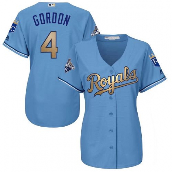 Women's Majestic Kansas City Royals #4 Alex Gordon Authentic Light Blue 2015 World Series Champions Gold Program Cool Base MLB Jersey - Ujersey