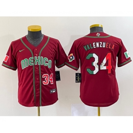 Youth Mexico Baseball #34 Fernando Valenzuela 2023 Red World Classic Stitched Jersey 4