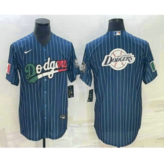 Men's Los Angeles Dodgers Big Logo Navy Blue Pinstripe Stitched MLB Cool Base Nike Jersey5 - Ujersey