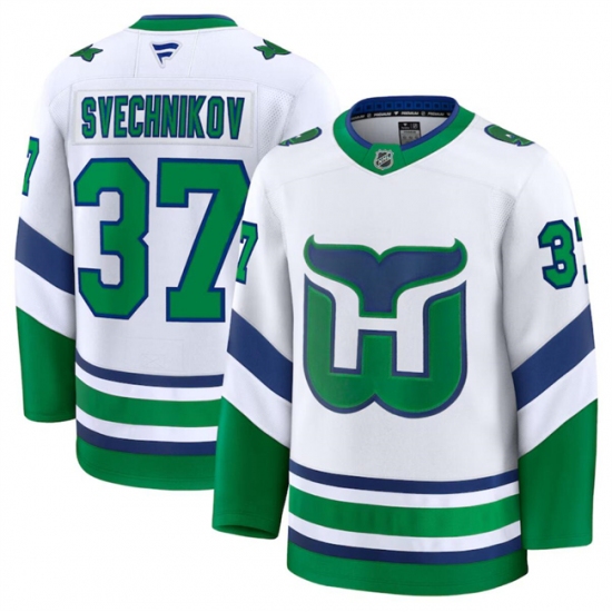 Men's Carolina Hurricanes #37 Andrei Svechnikov White 2024-25 Throwback Stitched Hockey Jersey - Ujersey