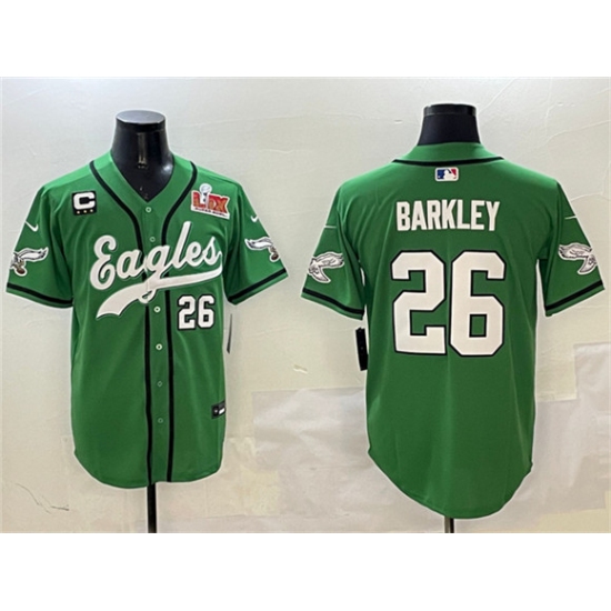 Men's Philadelphia Eagles #26 Saquon Barkley Green 2025 Super Bowl LIX And 3-Star C Stitched Baseball Jersey - Ujersey