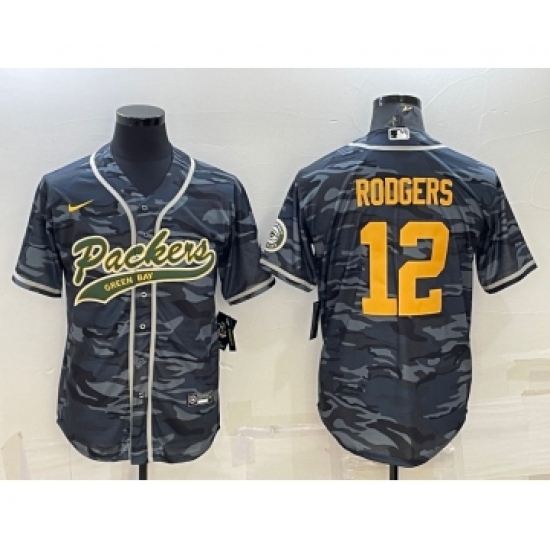 Men's Green Bay Packers #12 Aaron Rodgers Grey Gold Camo With Patch Cool Base Stitched Baseball Jersey - Ujersey