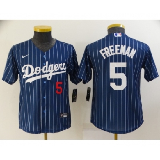 Youth Los Angeles Dodgers #5 Freddie Freeman Navy Blue Pinstripe Stitched MLB Cool Base Nike Jersey - Ujersey