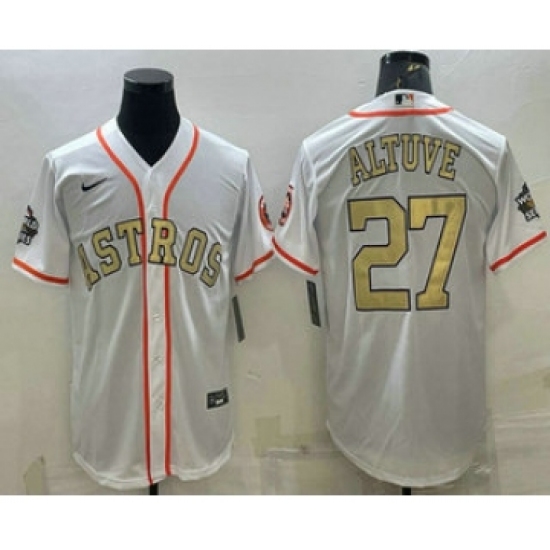 Men's Houston Astros #27 Jose Altuve White Gold 2022 World Series Champions Stitched Cool Base Nike Jersey - Ujersey