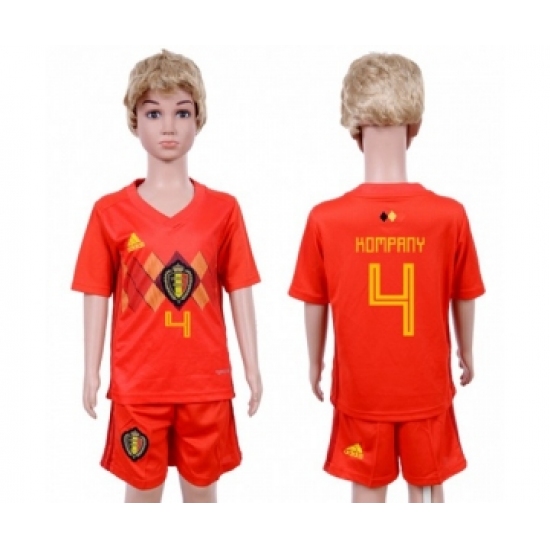 Belgium #4 Kompany Red Home Kid Soccer Country Jersey