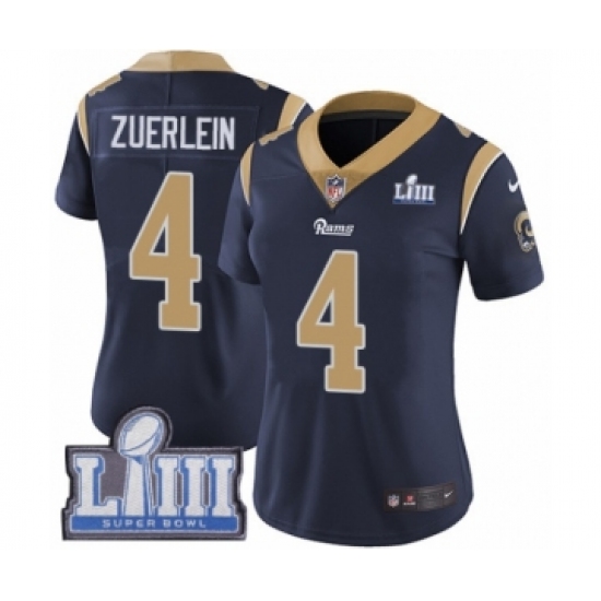 Women's Nike Los Angeles Rams #4 Greg Zuerlein Navy Blue Team Color Vapor Untouchable Limited Player Super Bowl LIII Bound NFL Jersey - Ujersey