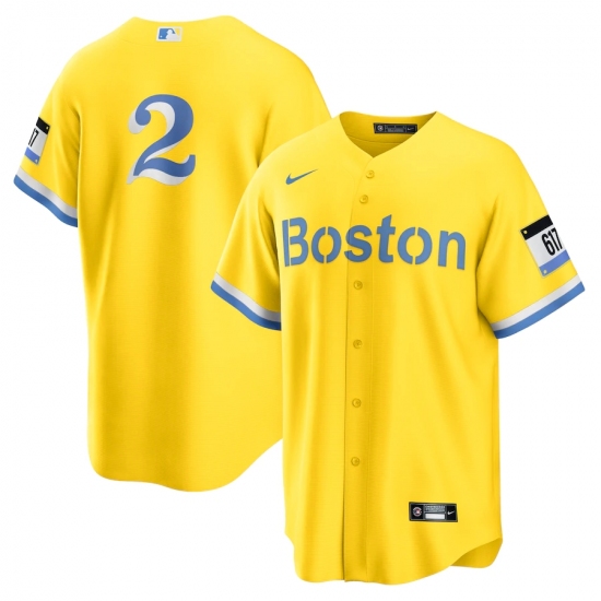Men's Boston Red Sox #2 Xander Bogaerts Nike Gold-Light Blue 2021 City Connect Replica Player Jersey - Ujersey