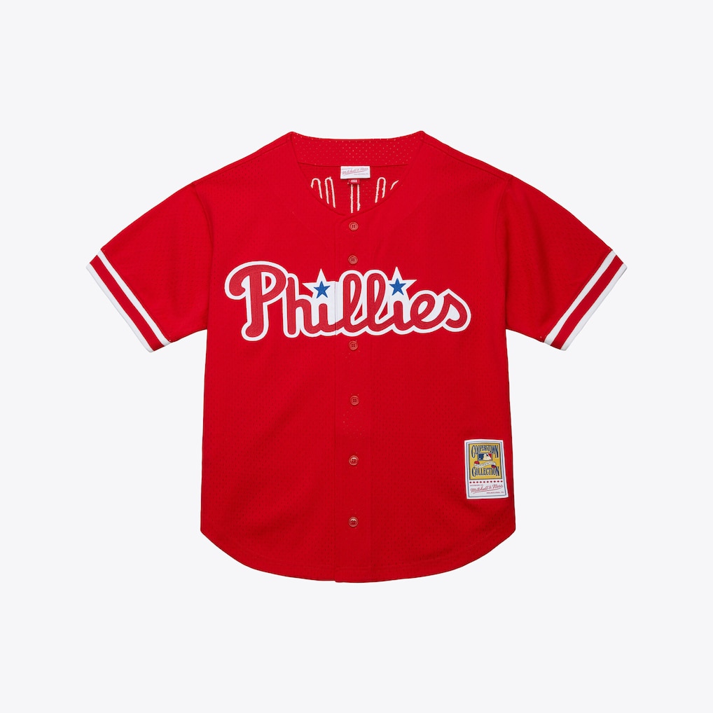 Men's Philadelphia Phillies Jimmy Rollins Mitchell & Ness Red Cooperstown Mesh Batting Practice Button-Up Jersey - ujerseystore