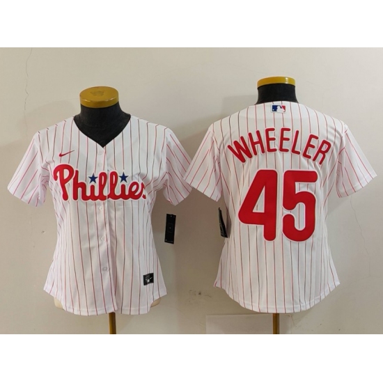 Women's Philadelphia Phillies #45 Zack Wheeler White Pinstripe Stitched Cool Base Jersey - Ujersey