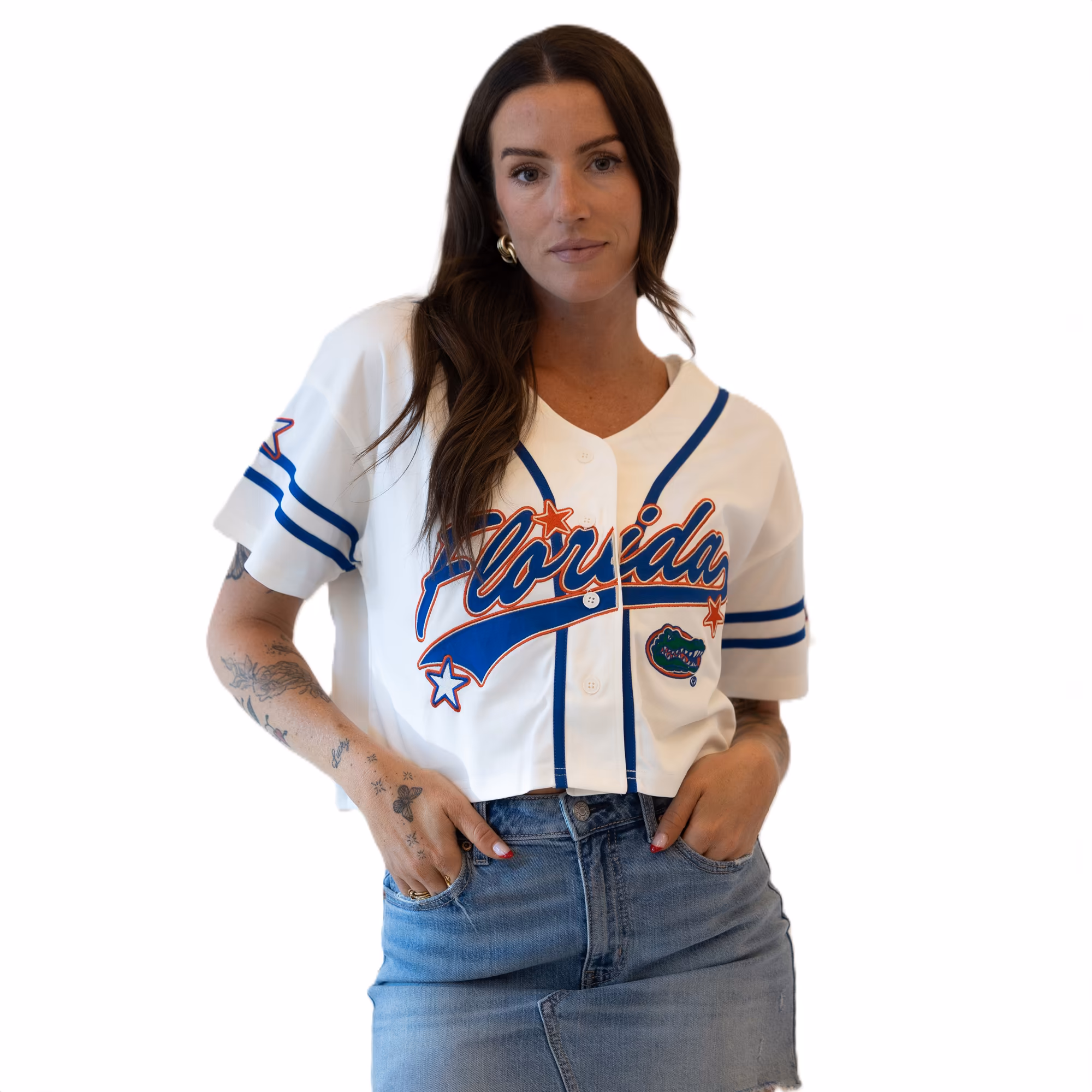 Women's Gameday Social Off White Florida Gators Cropped Patch Baseball Fashion Jersey