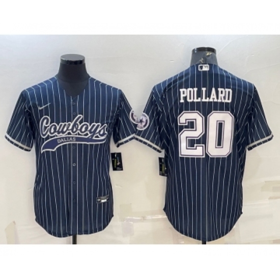 Men's Dallas Cowboys #20 Tony Pollard Navy Blue Pinstripe With Patch Cool Base Stitched Baseball Jersey - Ujersey