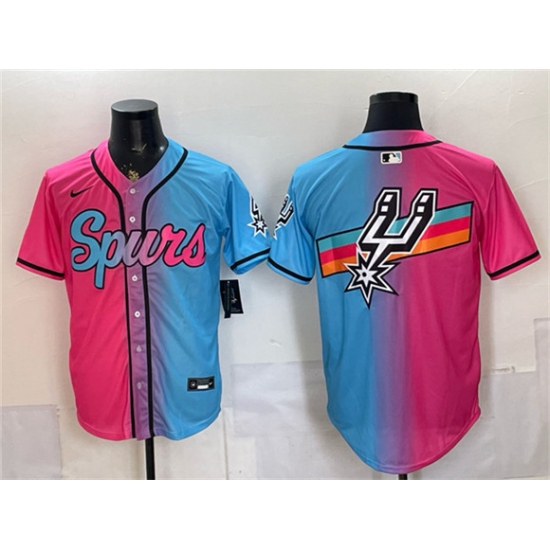 Men's San Antonio Spurs Team Big Logo Pink Blue Limited Stitched Baseball Jersey - Ujersey