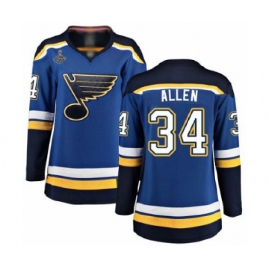 Women's St. Louis Blues #34 Jake Allen Fanatics Branded Royal Blue Home Breakaway 2019 Stanley Cup Champions Hockey Jersey - Ujersey