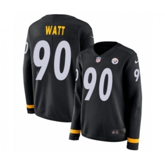 Women's Nike Pittsburgh Steelers #90 T. J. Watt Limited Black Therma Long Sleeve NFL Jersey - Ujersey