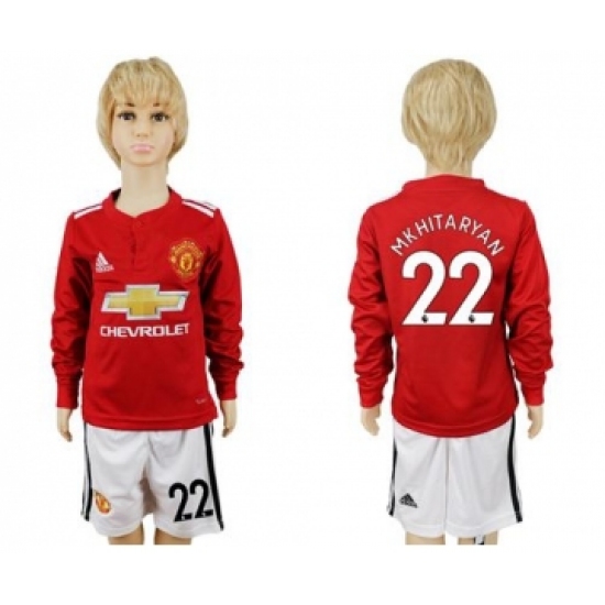 Manchester United #22 Mkhitaryan Home Long Sleeves Kid Soccer Club Jersey