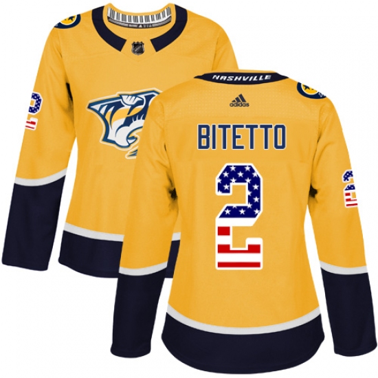 Women's Adidas Nashville Predators #2 Anthony Bitetto Authentic Gold USA Flag Fashion NHL Jersey