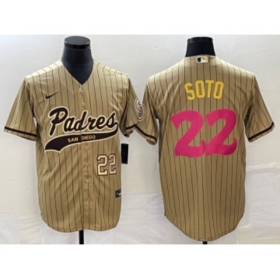 Men's San Diego Padres #22 Juan Soto Number Tan Pinstripe 2023 City Connect Cool Base Stitched Jersey