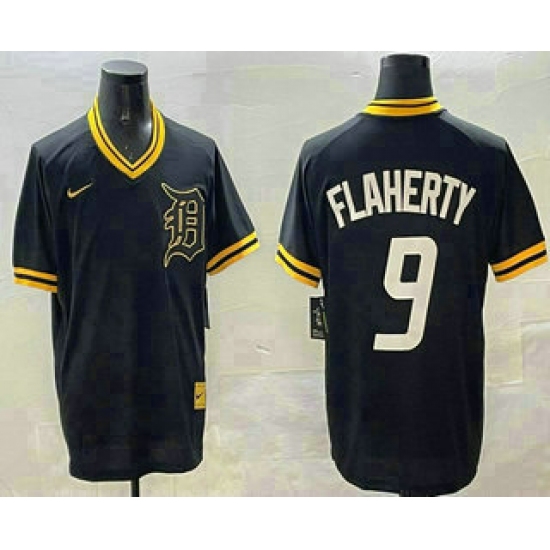 Men's Detroit Tigers #9 Jack Flaherty Black Gold Nike Cooperstown Legend V Neck Jersey - Ujersey