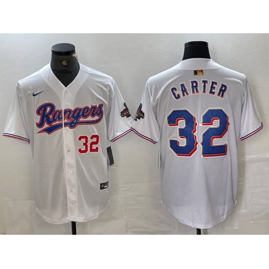 Men's Texas Rangers #32 Evan Carter Number White 2023 World Series Champions Cool Base Jersey - Ujersey