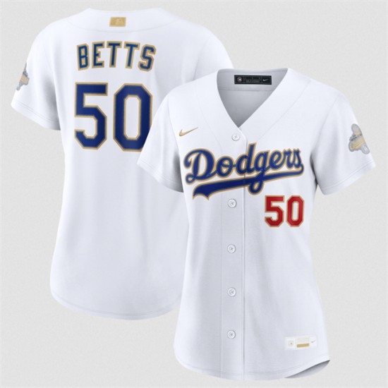 Women's Los Angeles Dodgers #50 Mookie Betts White 2026 Gold Collection Stadium Stitched Baseball Jersey(Run Small) - Ujersey