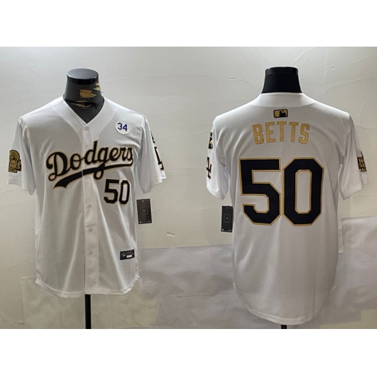 Mens Los Angeles Dodgers #50 Mookie Betts White Gold 2024 World Series With Fernando Memorial Limited Stitched Baseball Jersey - Ujersey