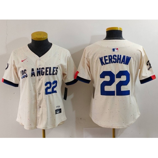 Women's Los Angeles Dodgers #22 Clayton Kershaw Number Cream 2024 City Connect Limited Stitched Jerseys - Ujersey