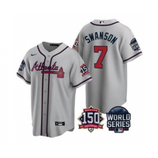 Men's Atlanta Braves #7 Dansby Swanson 2021 Gray World Series With 150th Anniversary Patch Cool Base Baseball Jersey - Ujersey