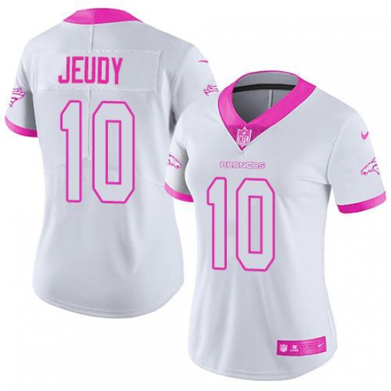 Women's Denver Broncos #10 Jerry Jeudy White Pink Stitched Limited Rush Fashion Jersey - Ujersey