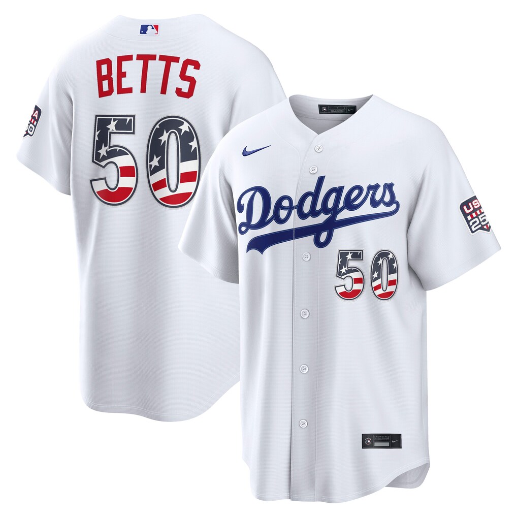 Men's Los Angeles Dodgers Mookie Betts Nike White USA 250 Fourth of July Home Stadium Jersey - Ujersey