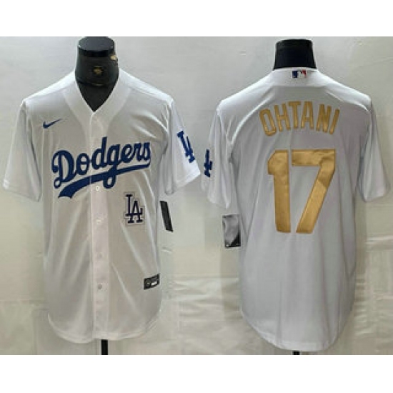 Men's Los Angeles Dodgers #17 Shohei Ohtani White Gold Stitched Cool Base Nike Jersey - Ujersey