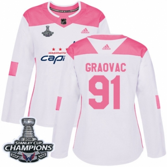 Women's Adidas Washington Capitals #91 Tyler Graovac Authentic White Pink Fashion 2018 Stanley Cup Final Champions NHL Jersey - Ujersey