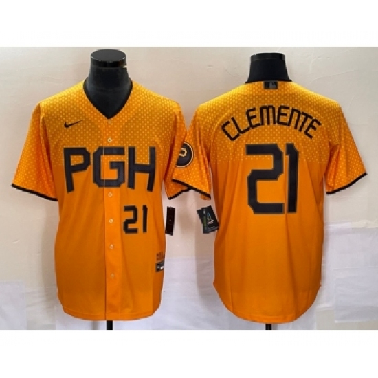 Men's Nike Pittsburgh Pirates #21 Roberto Clemente Number Gold 2023 City Connect Stitched Jersey1 - Ujersey