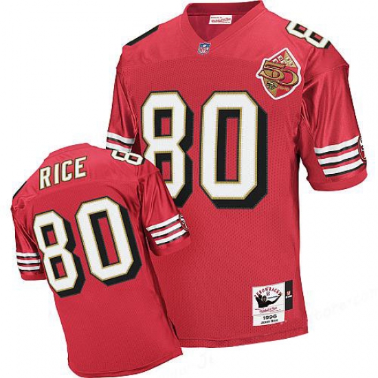 Mitchell And Ness San Francisco 49ers #80 Jerry Rice Authentic Red Team Color 50TH Patch 1996 Throwback NFL Jersey - Ujersey
