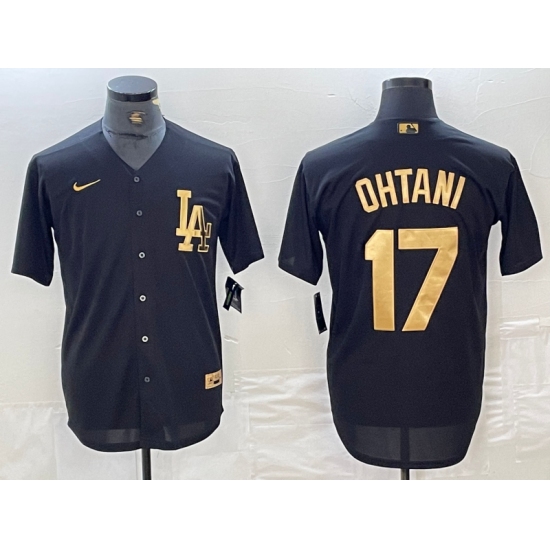 Men's Los Angeles Dodgers #17 Shohei Ohtani Black Gold Cool Base Stitched Jersey - Ujersey