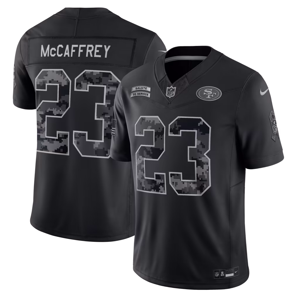 Men's San Francisco 49ers Christian McCaffrey Nike Black 2026 Salute to Service Stitched Limited Jersey