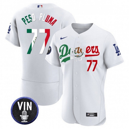 Men's Los Angeles Dodgers #77 Pezo Pluma White Mexico Special Vin Scully Flex Base Stitched Baseball Jersey - Ujersey