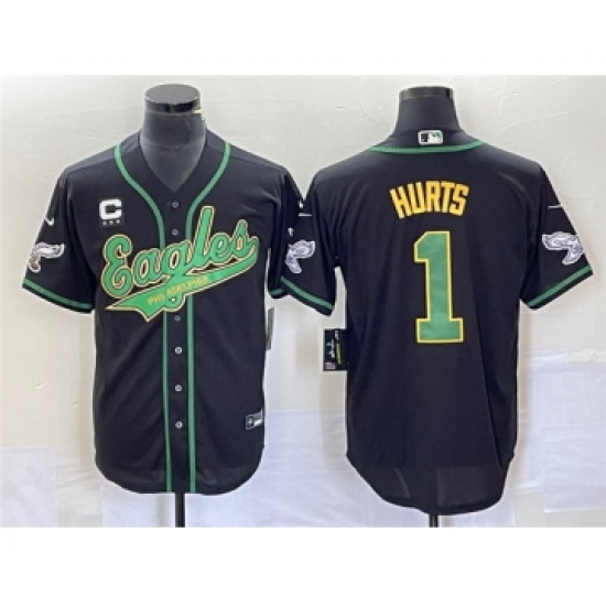 Men's Nike Philadelphia Eagles #1 Jalen Hurts Black With C Cool Base Stitched Baseball Jersey - Ujersey