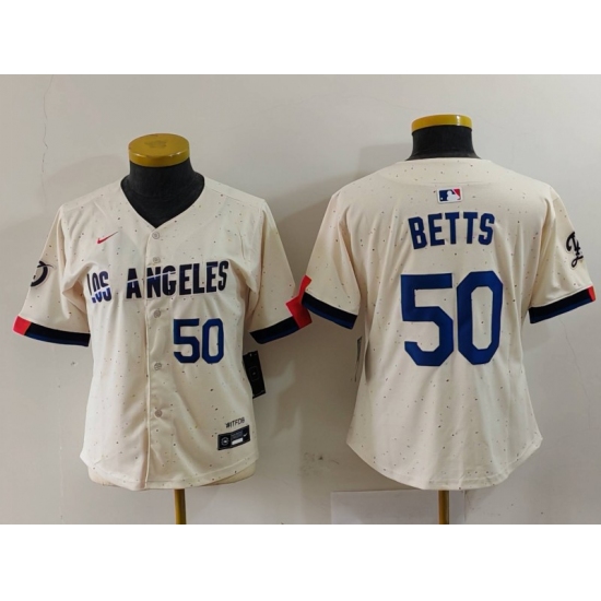 Women's Los Angeles Dodgers #50 Mookie Betts Number Cream 2024 City Connect Limited Stitched Jerseys - Ujersey