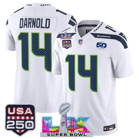 Men's Seattle Seahawks #14 Sam Darnold White 2025 F.U.S.E. Super Bowl LX And 50th Season & USA 250 Vapor Limited Football Stitched Jersey - Ujersey