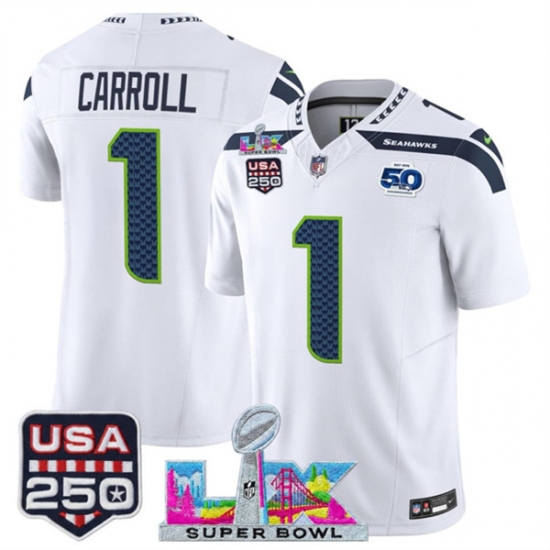 Men's Seattle Seahawks #1 Pete Carroll White 2025 F.U.S.E. Super Bowl LX And 50th Season & USA 250 Vapor Limited Football Stitched Jersey - Ujersey