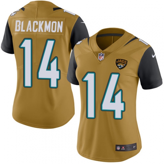 Women's Nike Jacksonville Jaguars #14 Justin Blackmon Limited Gold Rush Vapor Untouchable NFL Jersey - Ujersey