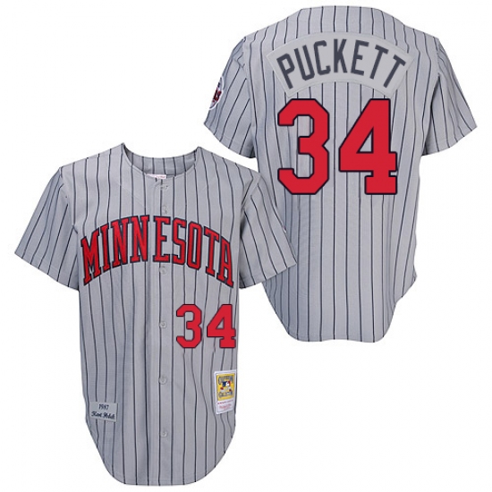 Men's Mitchell and Ness 1987 Minnesota Twins #34 Kirby Puckett Authentic Grey Throwback MLB Jersey - Ujersey