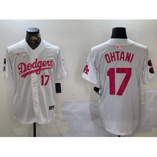 Men's Los Angeles Dodgers #17 Shohei Ohtani Number White Pink Limited Cool Base Stitched Jerseys - Ujersey