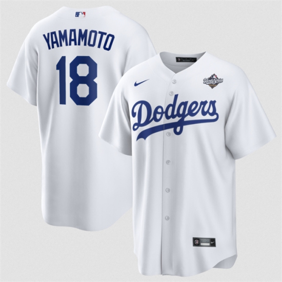 Men's Los Angeles Dodgers #18 Yoshinobu Yamamoto White 2025 World Series Home Cool Base Stitched Baseball Jersey - Ujersey