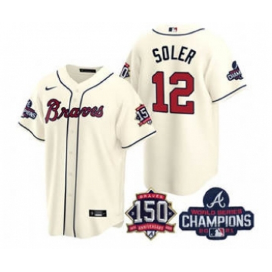 Men's Atlanta Braves #12 Jorge Soler 2021 Cream World Series Champions With 150th Anniversary Patch Cool Base Stitched Jersey - Ujersey