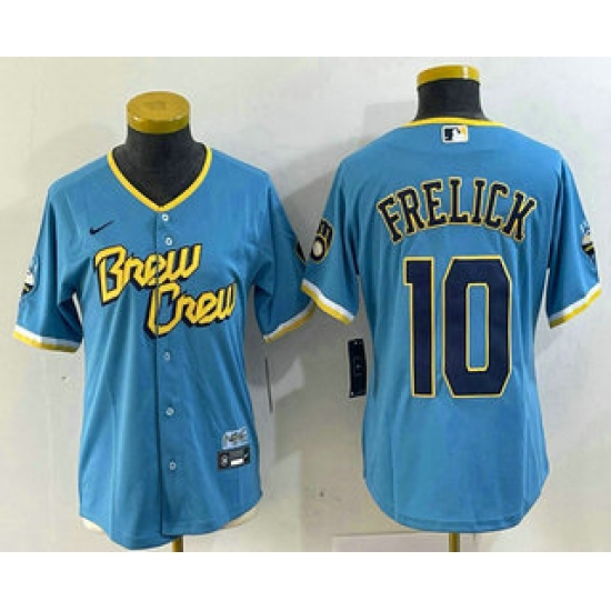 Women's Milwaukee Brewers #10 Sal Frelick Blue 2022 City Connect Cool Base Stitched Jersey - Ujersey