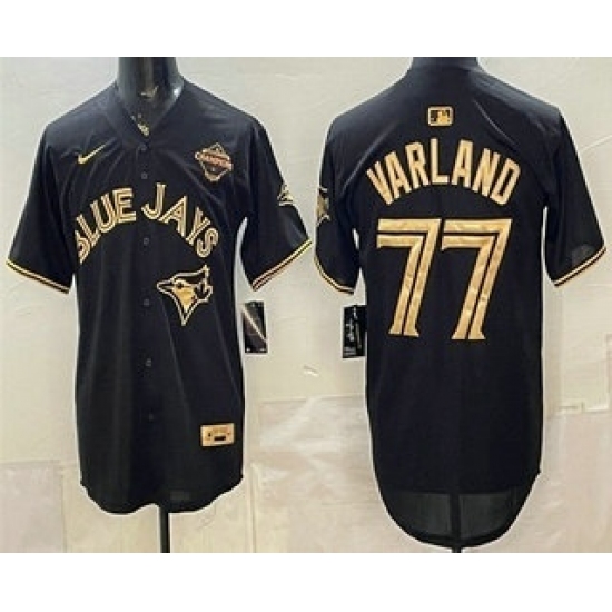 Men's Toronto Blue Jays #77 Louis Varland Black Gold 2025 American League Champions Limited Jersey